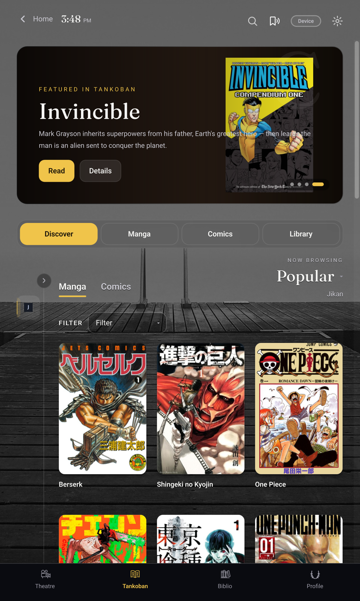 Colosseum running on an Android tablet, with Tankoban discovery, manga covers and bottom world navigation.